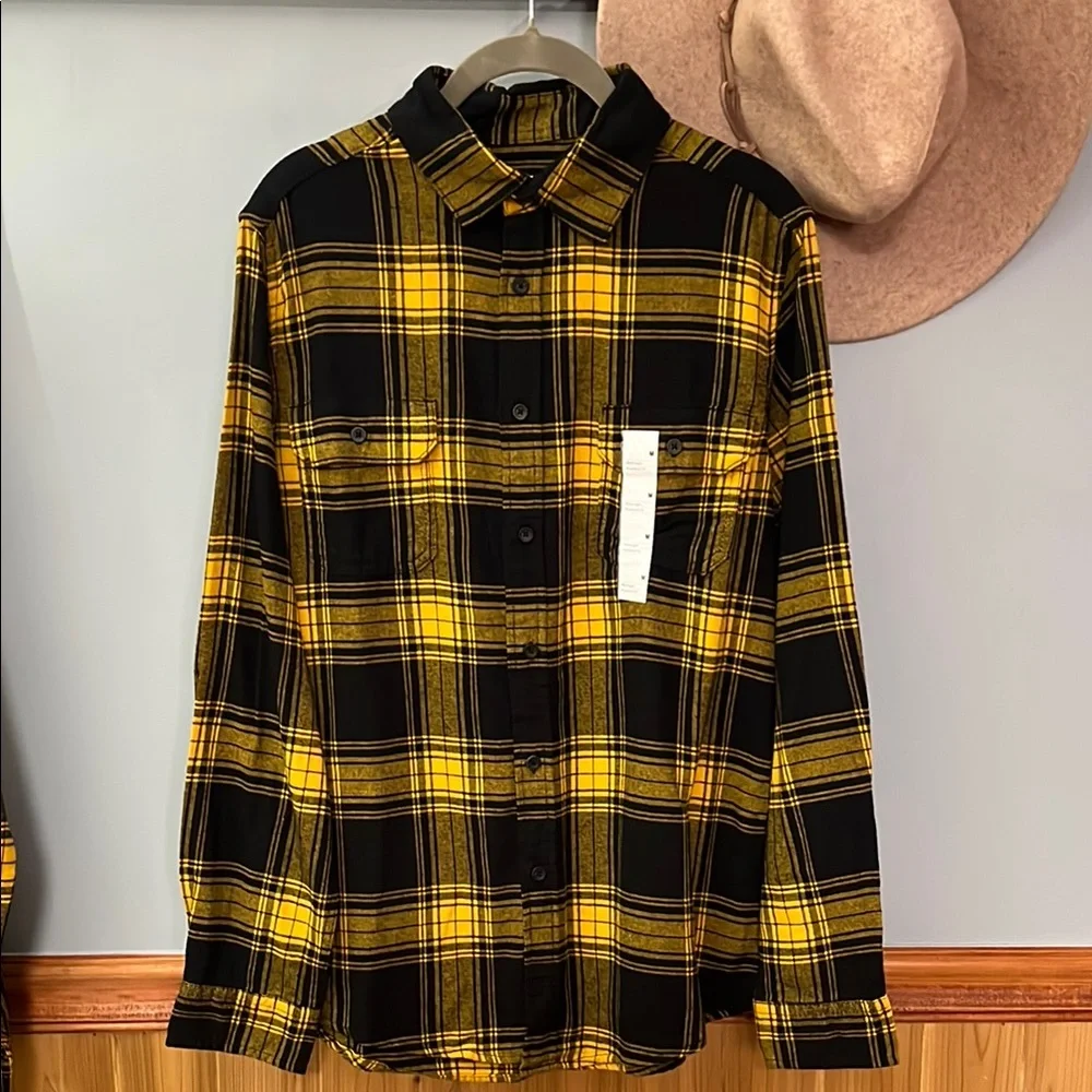 Men's Black and Mustard Plaid Flannel Shirt - Picture 1 of 8